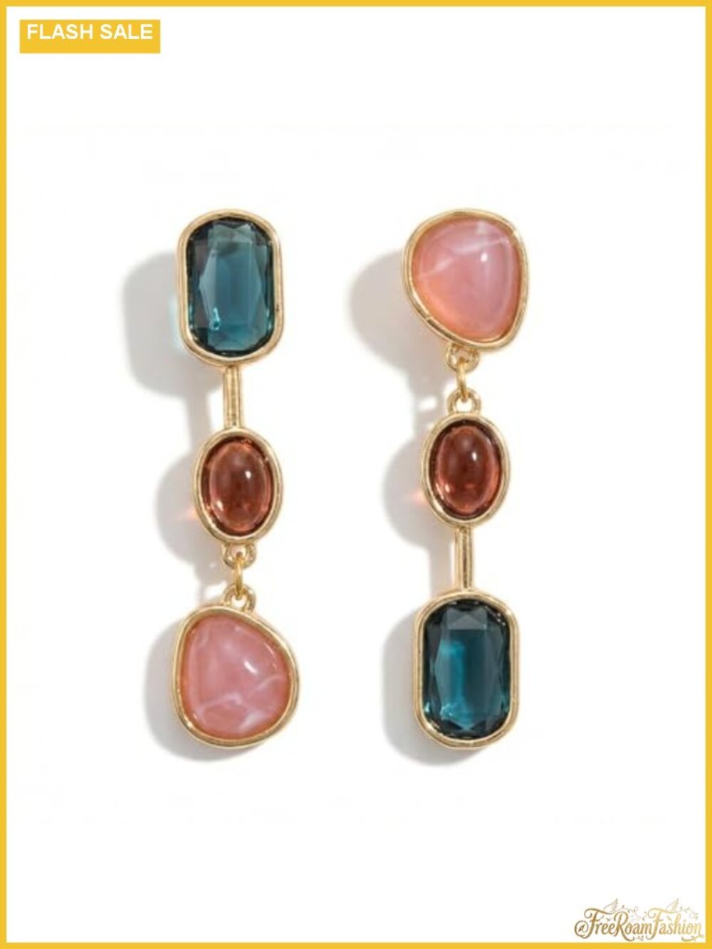 Synthetic Gemstone Dangle Earrings Gold-Toned Alloy Long Drop Asymmetry